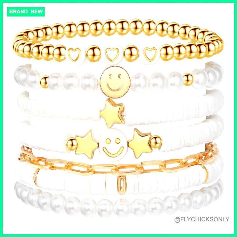 7 Piece Stretch Charm Bracelet Set Smiley Heart Star Beads Girls Teens